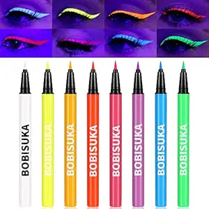 BOBISUKA 8 Colors UV Neon Liquid Eyeliner Set, Matte Colored Eyeliners Pen, Colorful Waterproof Smudge-proof Pigmented Graphic Liners, Delineadores de Colores Para Ojos Eye Makeup Gift Kit