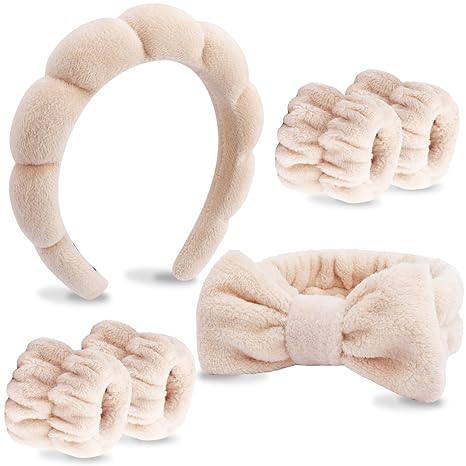 VELSCRUN 6 Pack Spa Headband, Makeup Headband, Face Wash Headbands, Skincare Headbands, Brown Sponge Hair Band Bow Tie Spa Head Band for Washing Face Wristband Set Hair Accessories for Women