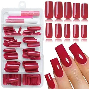120Pcs Red Press on Nails Medium Square Glue on Nails, Glossy Solid Color Fake Nails Full Cover Acrylic Nails Press on for Women Girls Artificial Fingernails
